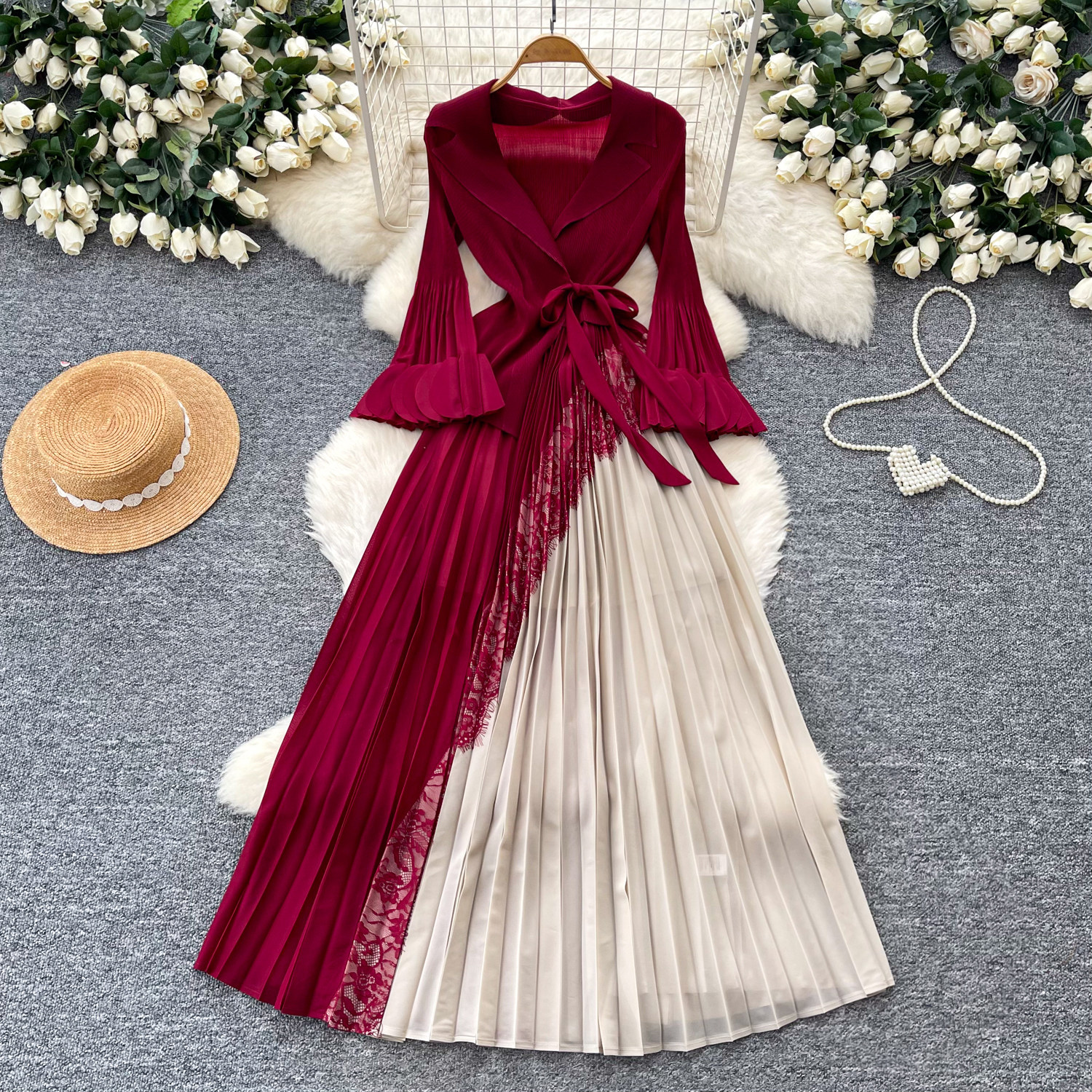 Elegant V-Neck Floral Print Maxi Dress Wrap Style Flared Sleeves Ruffle Hem Office-Ready One-Size Fits US 4-12 Four Colors_ecoleips.com