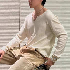 2025春秋新款潮牌设计感V领长袖T恤老钱风氛围打底衫百搭男士上衣