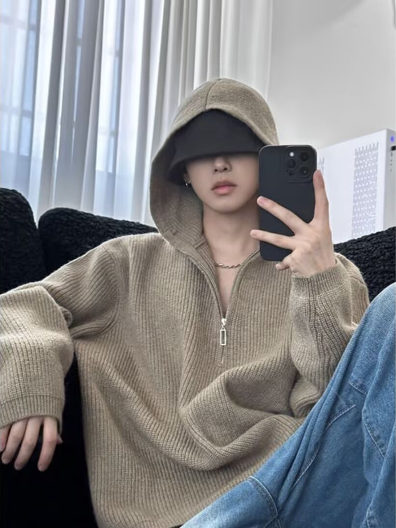 カーキ色cleanfitニットフード付きパーカー男性秋冬半ファスナー底シャツ怠惰風高級感セーター