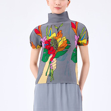 三宅短袖T恤ins潮时尚打底衫女秋季高级感印花修身弹力褶皱上衣