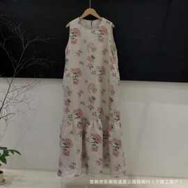 中长款亚麻无袖连衣裙女2026夏季新款文艺简约印花背心宽松长裙子