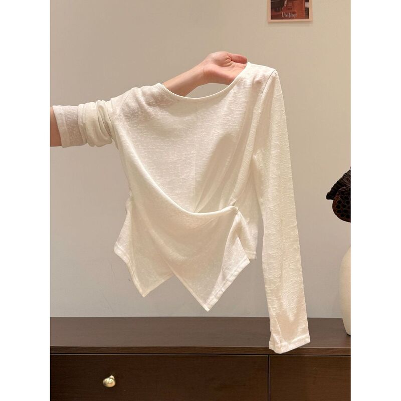 White Irregular Long-Sleeve T-Shirt for Women, Slim Fit, New Spring Style, Layered Thin Semi-Sheer Top with a Stylish Design