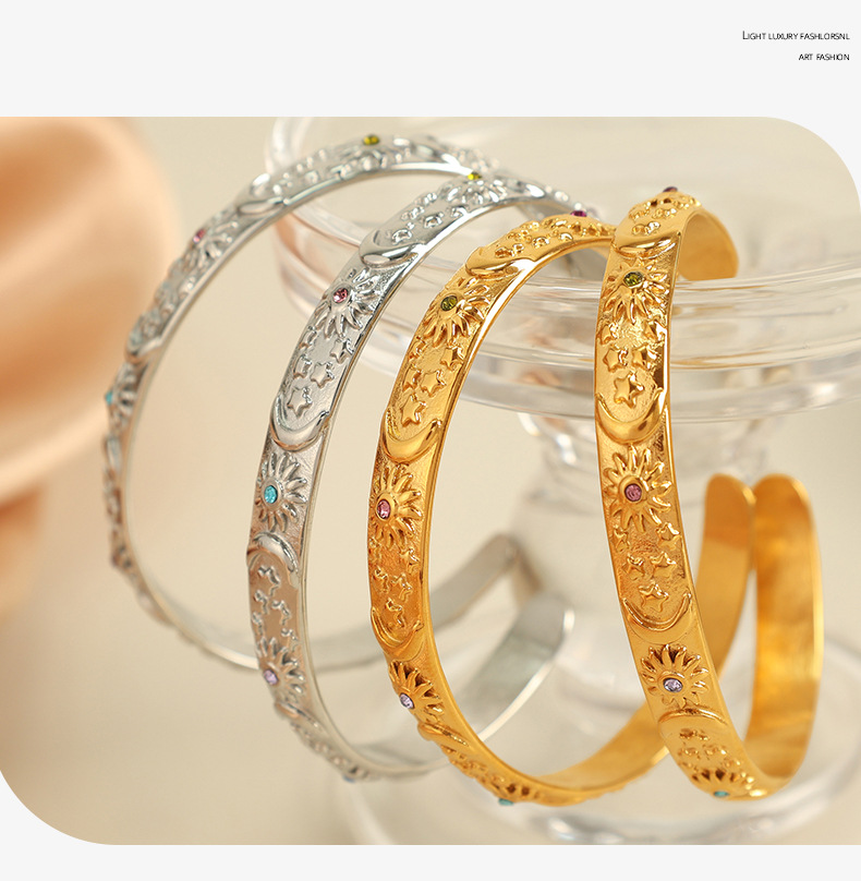Bangle Classification 1 Piece Quantity PVD Coated Real Gold Plated Sun Moon Titanium Steel Retro Simple Style Waterproof Non Tarnish Titanium Steel Bangle