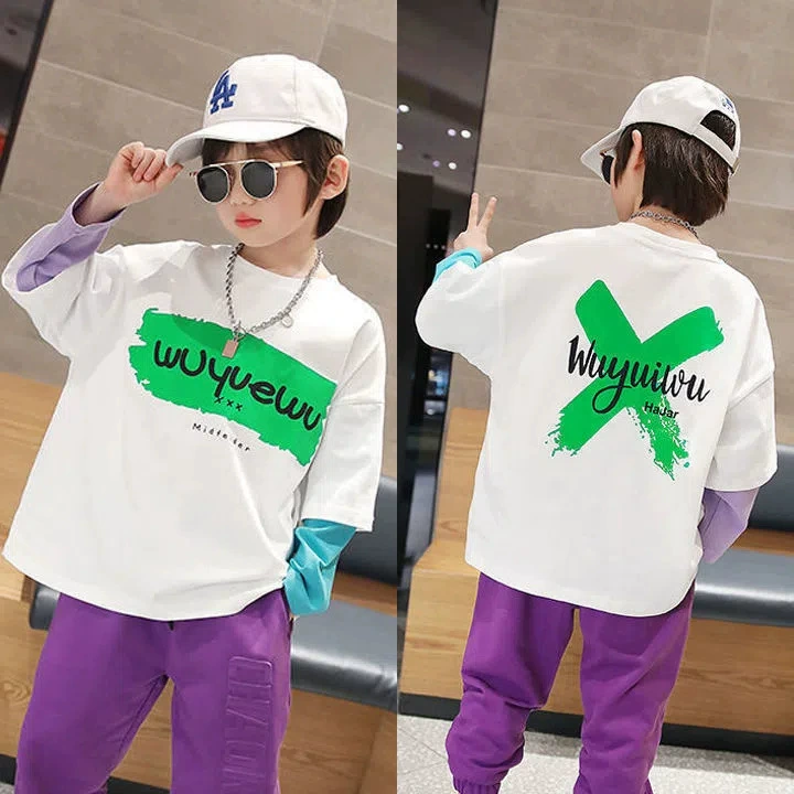 Long-sleeve boys' set, Korean style, 2-piece, sizes 100–160 cm (white/black/purple)