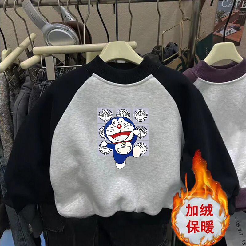 男女童插肩拼色圆领加绒卫衣冬季洋气卡通印花小宝宝上衣百搭外穿