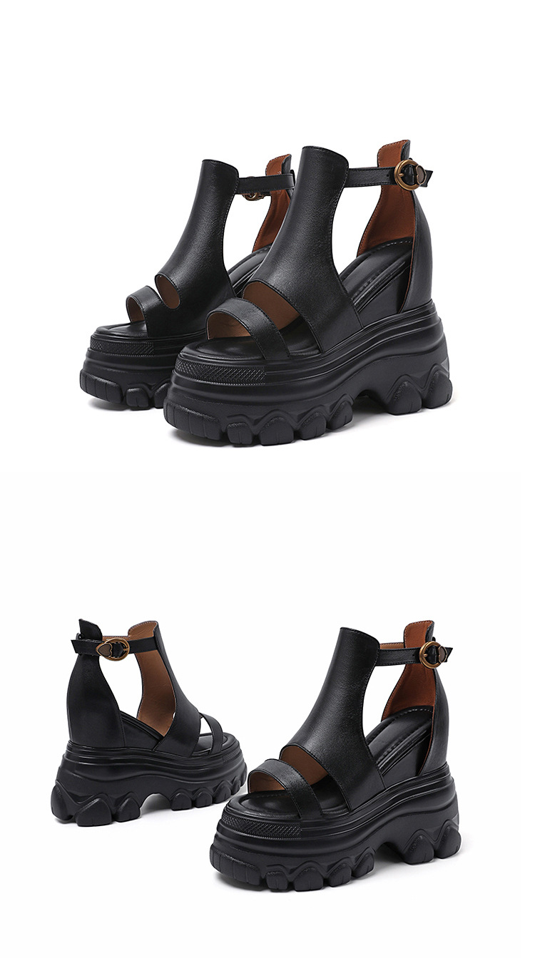 Giày sandal cao gót nữ hở mũi phong cách La Mã, đế xuồng cao 14 cm, da thật, gót vuông, quai mảnh — màu nâu, màu đen chi tiết 17