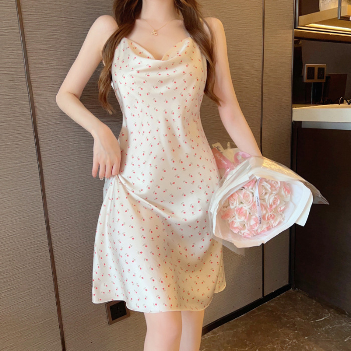 2024 verano pijama de cuello swing chica pura libido mariposa estampado eslingas de espalda descubierta sexy vestido de pijama atractivo ropa para el hogar