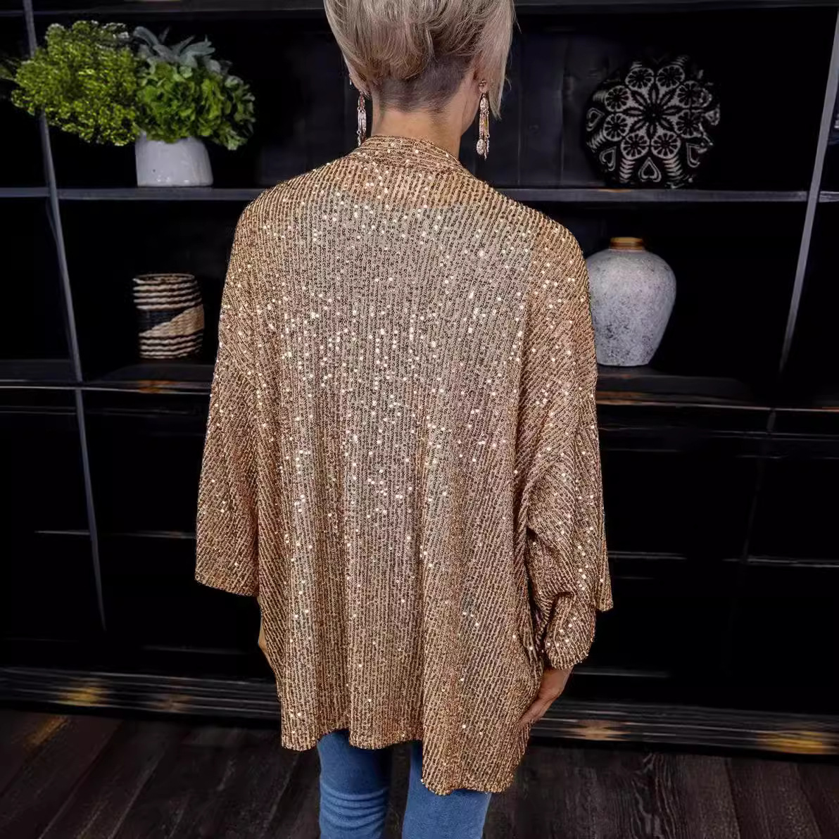 Venta directa de estación independiente, chaqueta de color superior holgada con lentejuelas para mujer, talla grande, nueva colección otoño 2025, estilo europeo y americano.