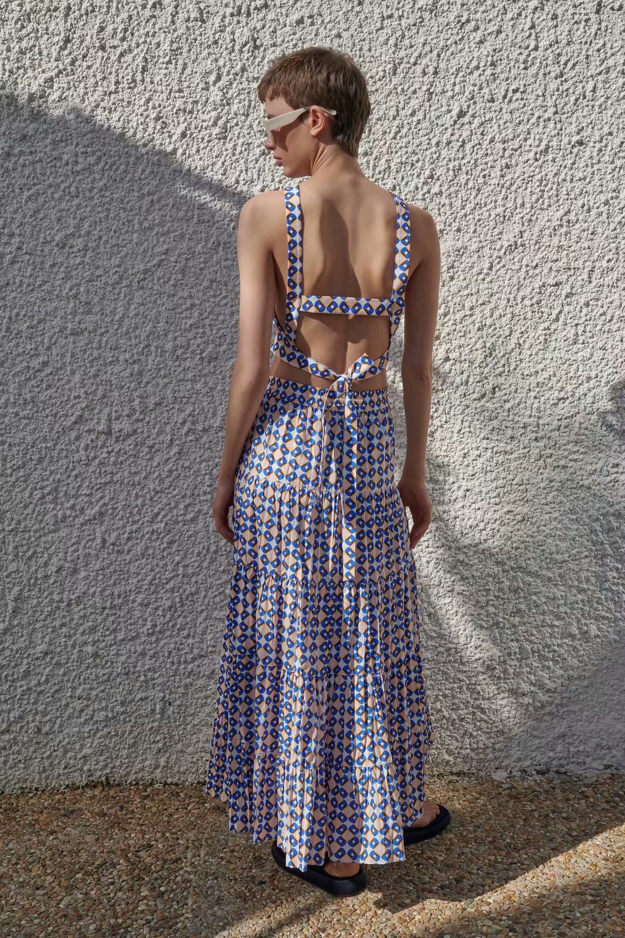 geometric graphic print high waist lace-up big swing skirt NSAM55385