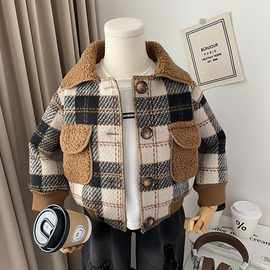 男童韩版格子外套秋冬冬季2024新款儿童加绒宝宝加厚男童外套翻领