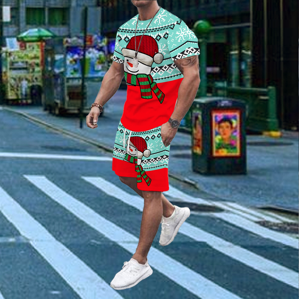 2025 새로운 유럽과 미국의 대외 무역 3D 디지털 열전달 남성 미국 패션 트렌드 비치 스톰 티셔츠 세트