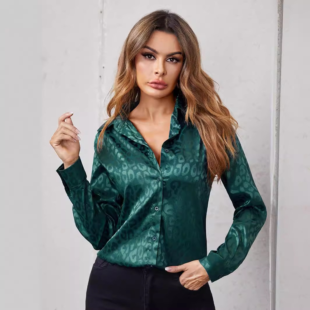 2026 European and American Cross-Border Women's Clothing Spring and Summer New Style Lapel Button-Up Leopard Print Jacquard Shirt Elegant Commuter Long-Sleeve Shirt