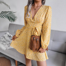 清仓实拍2024春夏欧美性感V领长袖碎花雪纺连衣裙 Wish独立站跨境