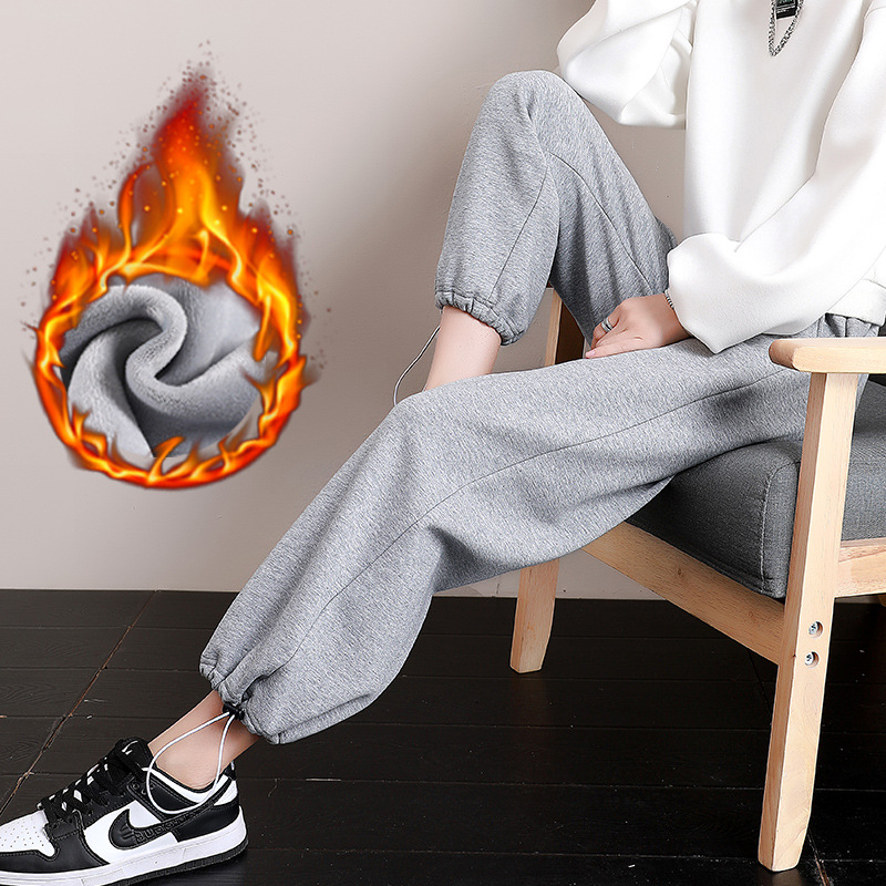 4个裤长 运动裤女宽松束脚两穿裤直筒抽绳阔腿裤加厚加绒休闲卫裤