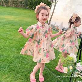 女童夏季连衣裙2024新款儿童网红蝴蝶结女孩泡泡袖洋气公主裙短袖