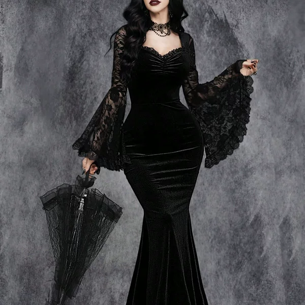 Halloween Gothic Style Lace Patchwork Waist-Cinched Flare Sleeve Dress 2025
