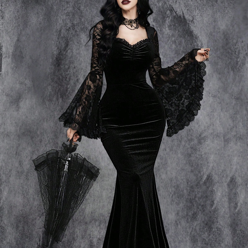 Halloween Gothic Style Lace Patchwork Waist-Cinched Flare Sleeve Dress 2025 Halloween Gothic Style Lace Patchwork Waist-Cinched Flare Sleeve Dress 2025