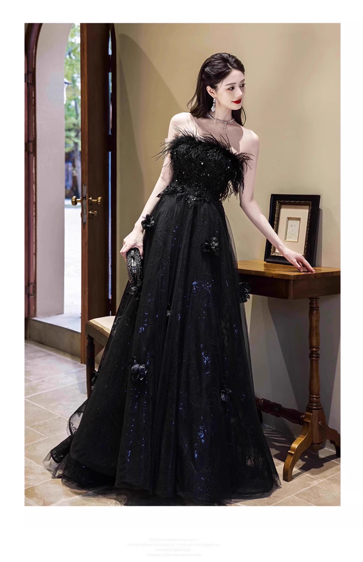 Váy dạ hội quây dáng suông midi chất satin mềm mại — đen chi tiết 17