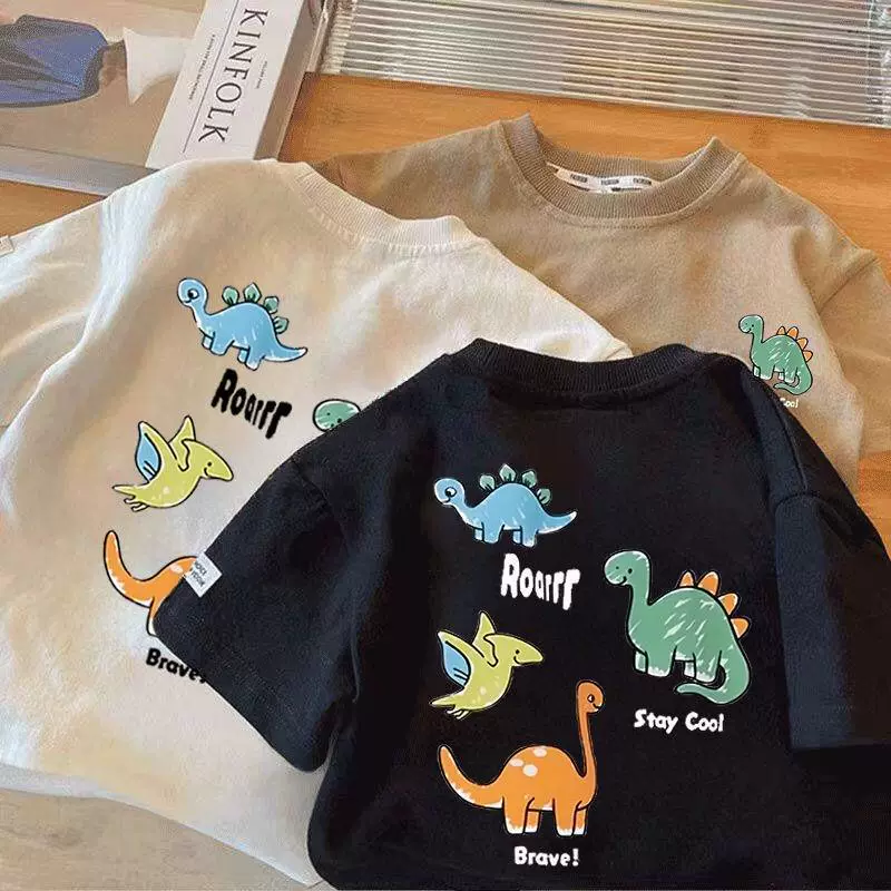 Хлопковая детская футболка с короткими рукавами летняя детка новый мальчик мультяшный динозавр иностранный топ