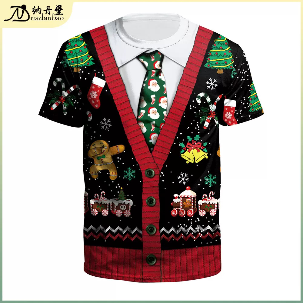 2024春季圣诞节服装圣诞印花情侣装欧美卡通圣诞男士短袖上衣T恤