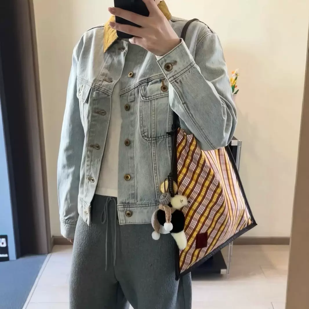 新款经典复古浅蓝色灯芯绒翻领廓形洗水做旧牛仔外套夹克女5000