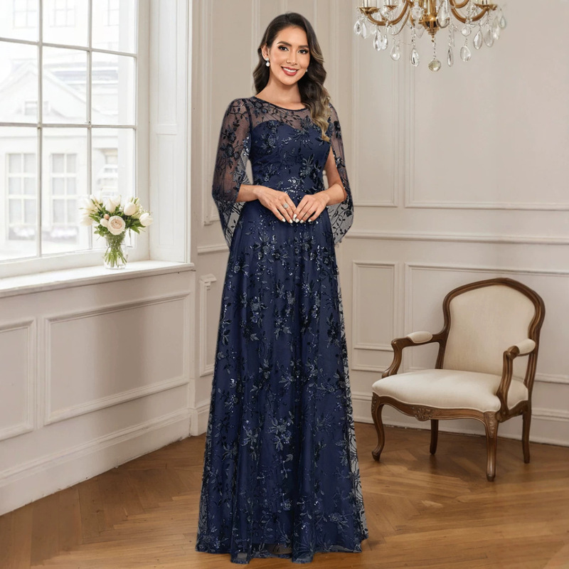 Elegant Evening Gown with Embroidered Mesh Cape Sleeves, Formal Long Dress with Round Neck, A-Line Silhouette, and Large Hem for Hosting Banquets, Weddings, and Parties