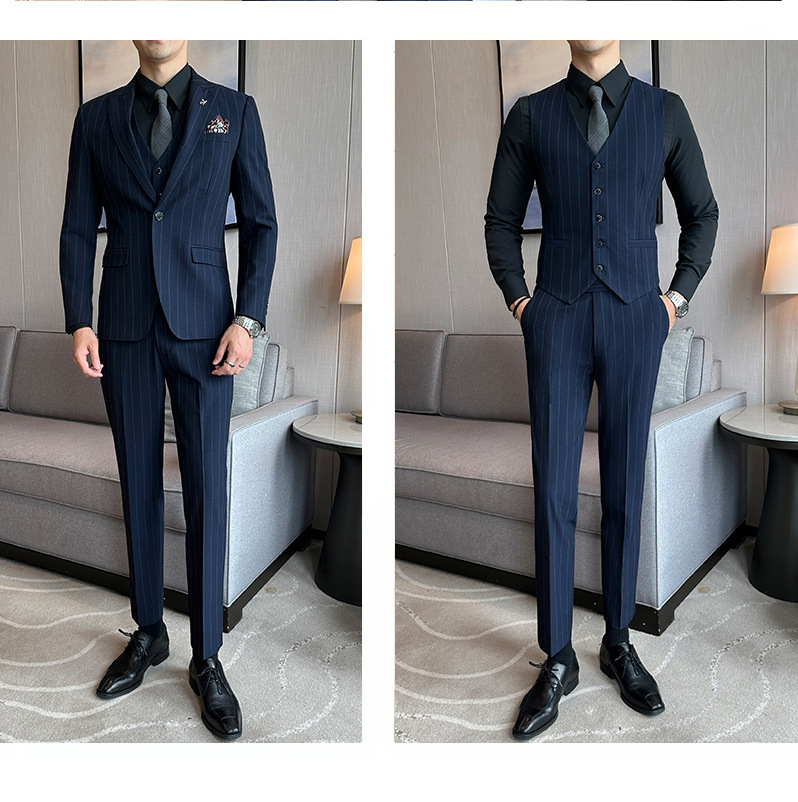 Modern Men's Stripe Blazer Suit Single Breasted Business Set_voghion.com