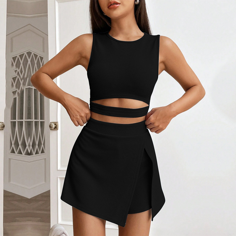 Foreign Trade Cross-Border European and American Clothing Short-Cut Navel-Baring Slim-Fitting Sleeveless Knitted Vest High-Waisted Stretch Culottes Fashion Suit