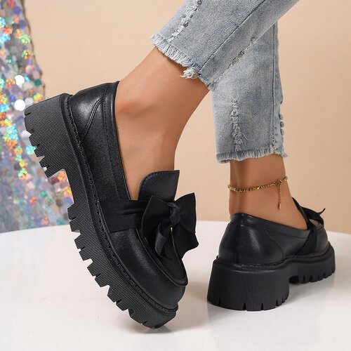 Women's Uncommon Black Loafers with Bow Ties, Thick Sole, Small Leather Shoes, Retro Single Shoes (Size 35-42)