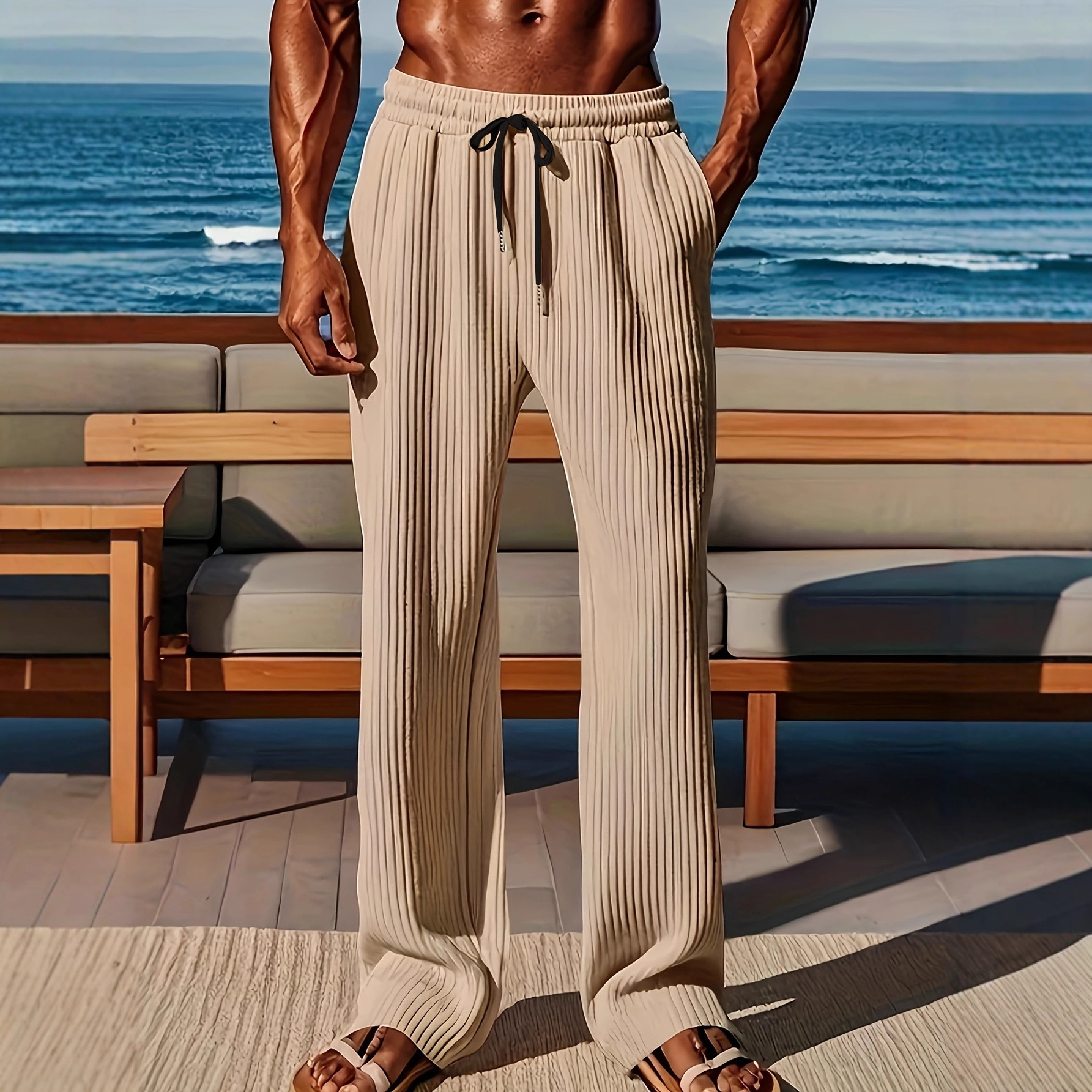 Men's Casual Straight Leg Pants With Elastic Waist - Street Style Comfort Stretch Pure Color Trousers For Daily Wear_viptrois.com