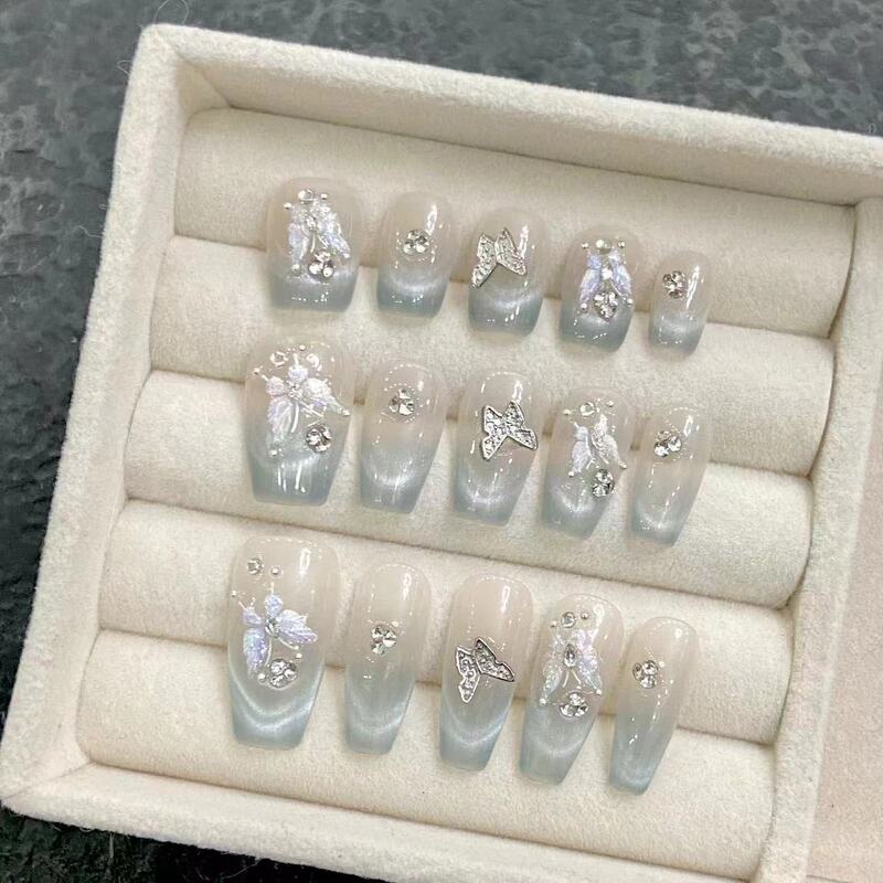 【Green Shadow Butterfly】Handmade French Cat Eye Butterfly Nail Stickers with Rhinestones Wholesale 【Green Shadow Butterfly】Handmade French Cat Eye Butterfly Nail Stickers with Rhinestones Wholesale