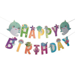 跨境卡通鯊魚貝殼水母造型字母拉旗Happy Birthday生日拉旗拉花