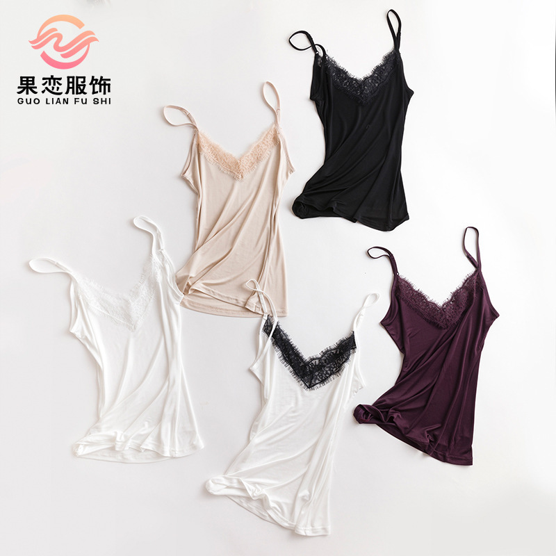 Fruit Love Spring and Summer Silk V-neck Thin Vest Mulberry Silk Sexy Lace Lace Slim-fit Base Sling