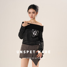 UNSPET十三行冬季新款一字翻领长袖宽松直筒潮牌条纹毛衣女40403