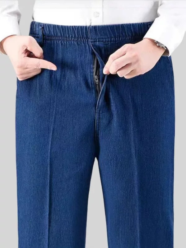 Elastic denim casual trousers, jeans, elastic waist, loose straight fit, for middle age