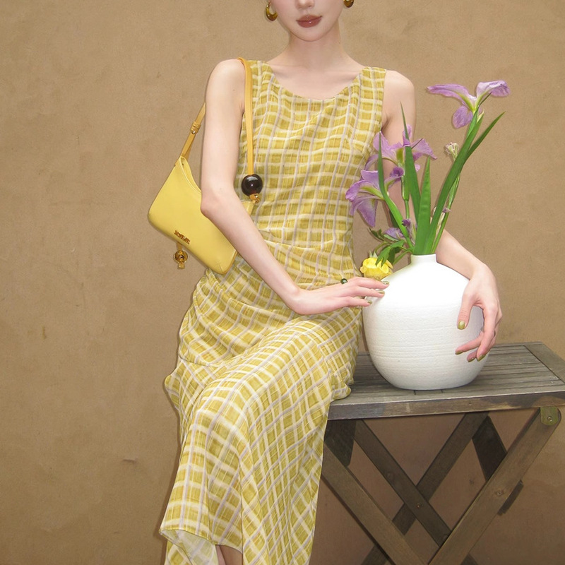 [Ye Qingzhou] Retro Plaid Sleeveless Dress Women's Summer Chiffon Printed Vest Long Skirt