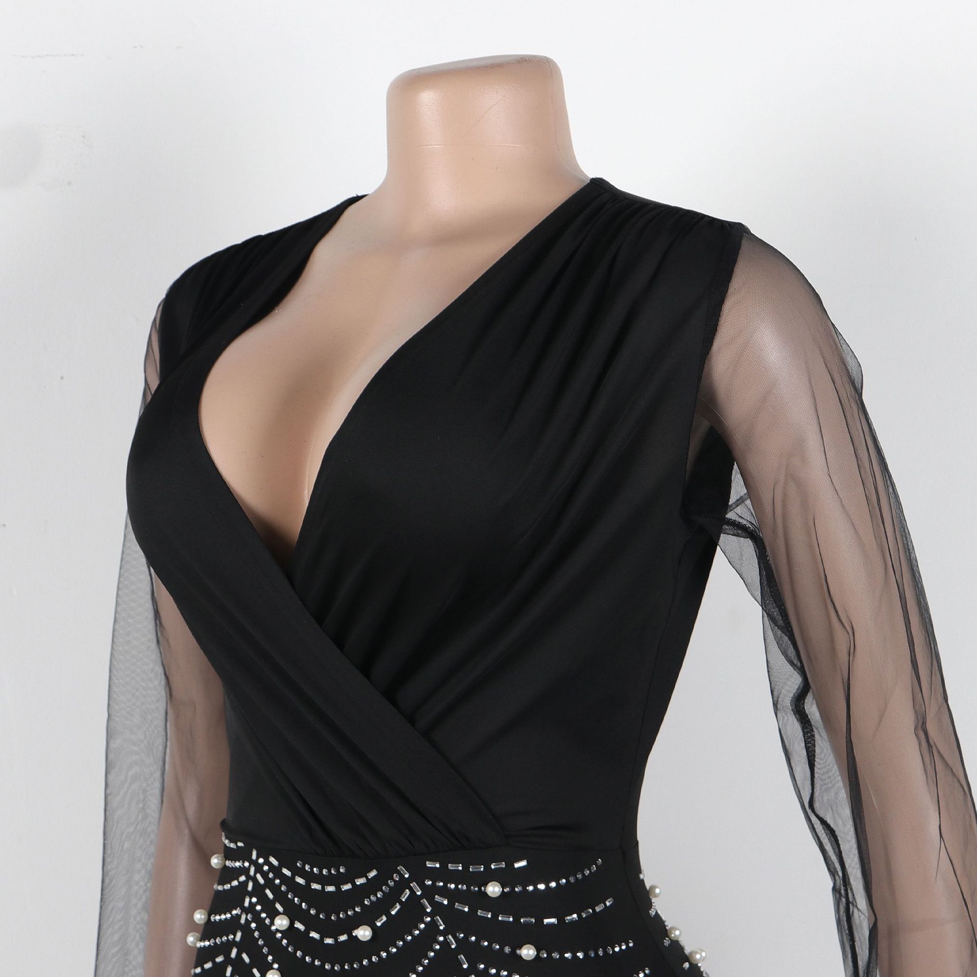 Sexy Drilling V neck Stitching See through Sleeve Hip Stretch Dress