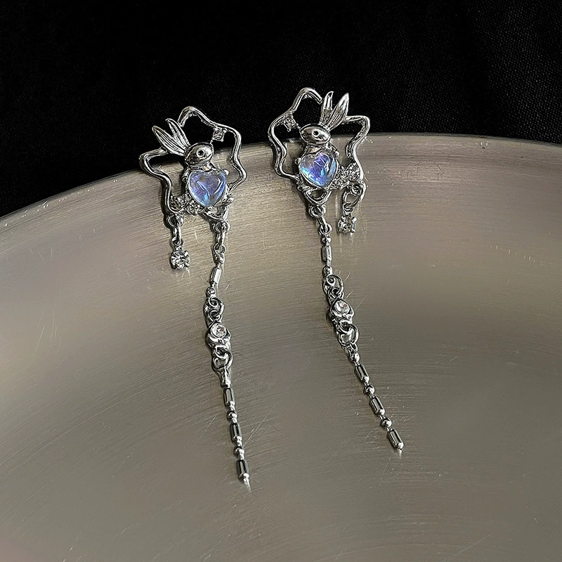 Серебряная игла, милый кролик, серьги, стильная длинная цепочка, серебро 925 образец