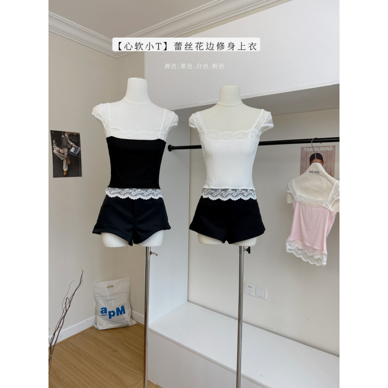 Q女家 新品95折心软小T/三色蕾丝花边天丝莫代尔正肩T恤上衣