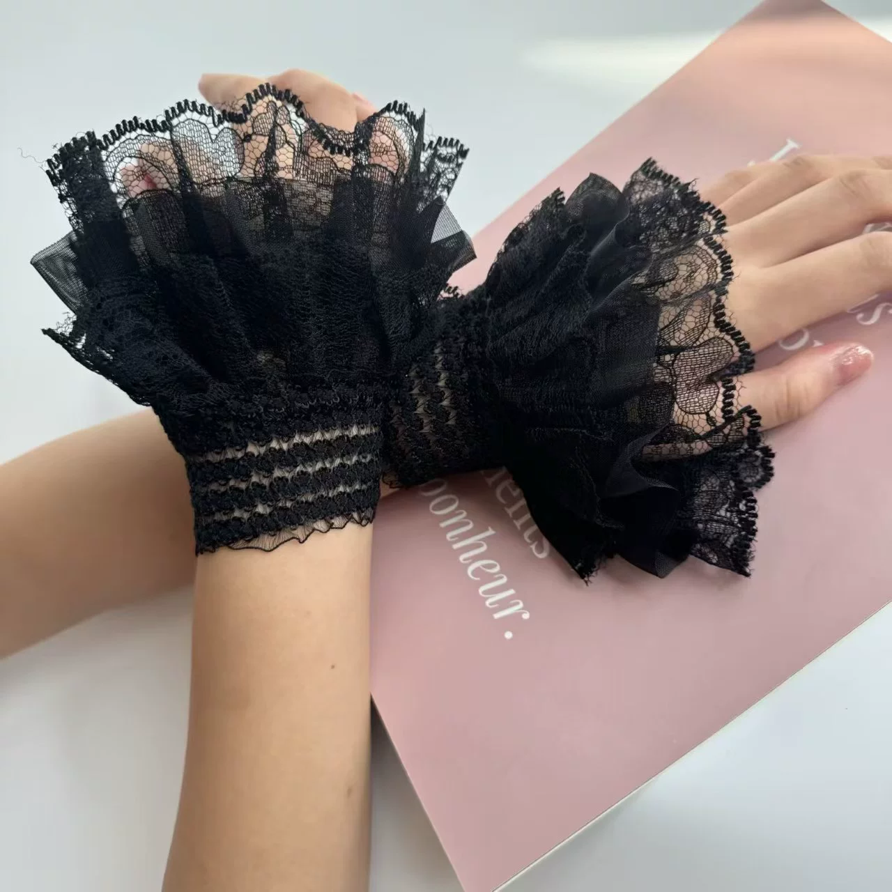 Короткие кружевные манжеты для запястья, аксессуары Lolita, японский soft-girl стиль, T13 чёрный/белый