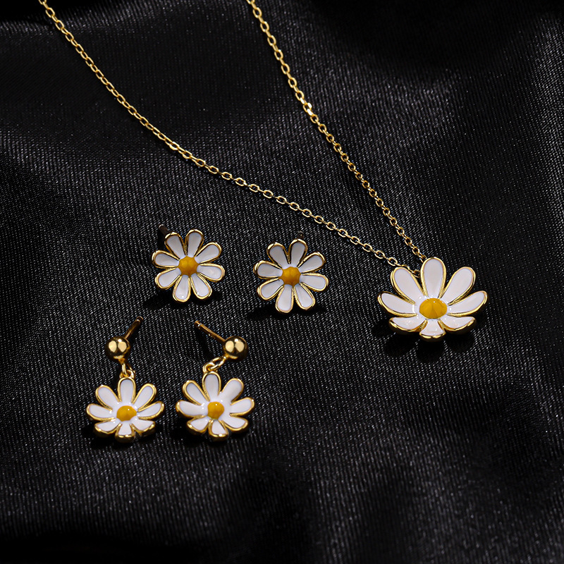 S Silber Koreanische Ausgabe Daisy Earnail frauen Kleine Frische Sonnenblume Chrysantheme Halskette Ohrringe_voghion.com