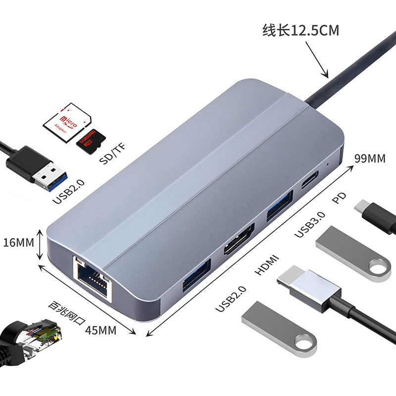 新款八合一拓展塢typec擴展塢HDMI+USB3.0+SD/TF+USB-C+網口hub