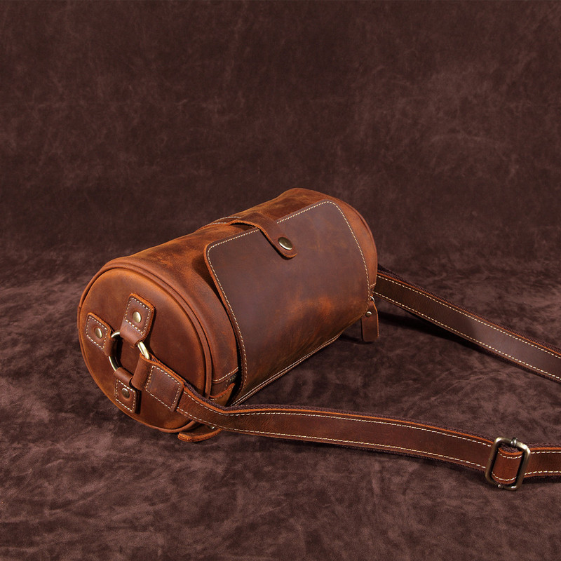 Foreign Trade Crazy Horse Leather Men's Bag First Layer Cowhide Postman Cylinder Bag European and American Genuine Leather Retro Shoulder Bag Crossbody Pillow Bag