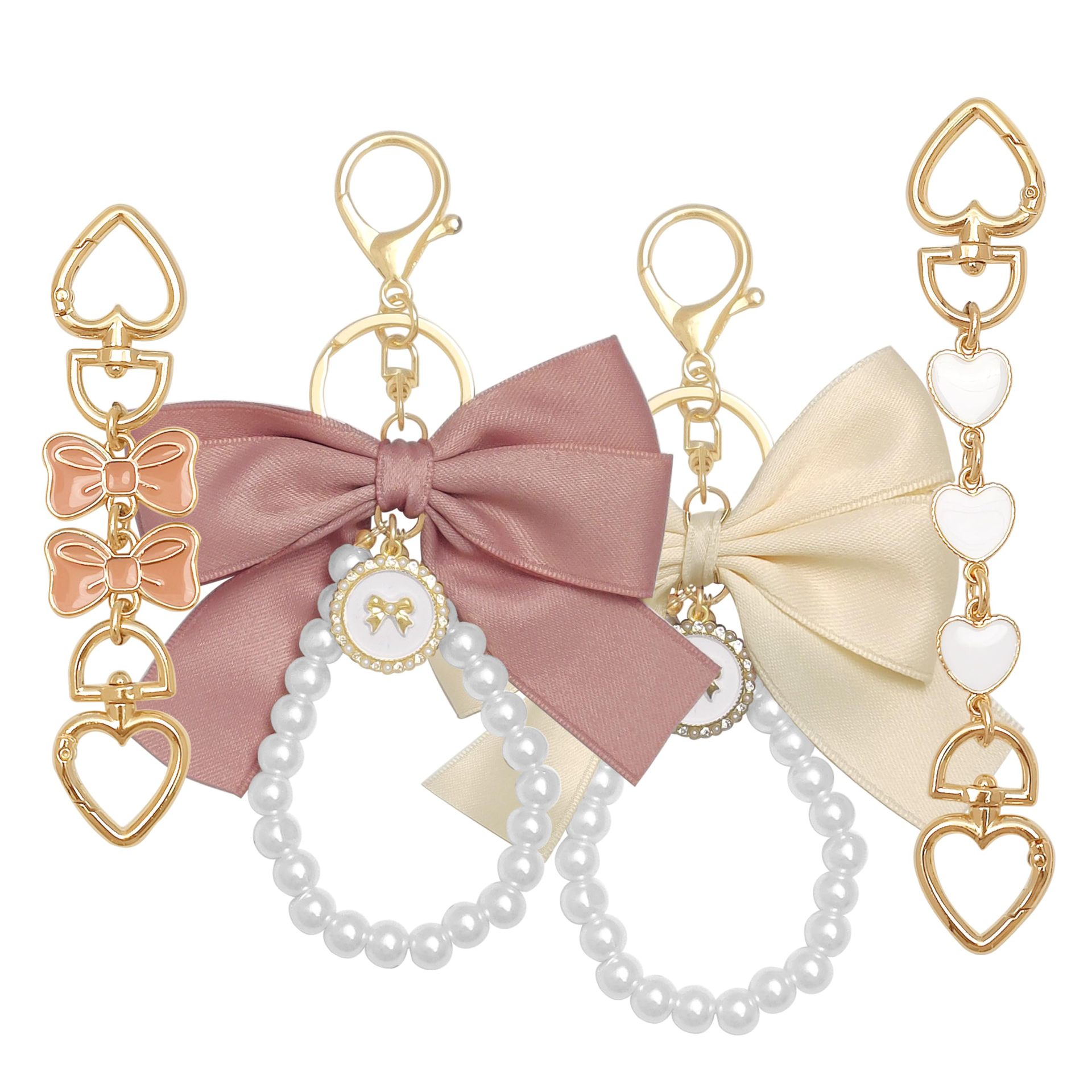 Ventas transfronterizas calientes cinta arco cadena de perlas llavero de metal colgante de flores bolsos de chicas regalos colgantes
