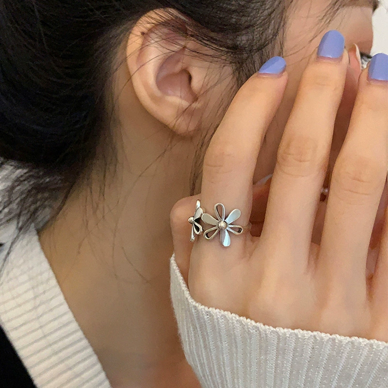 Brand Korean двуцветное кольцо одного размера, на указательном пальце, цветок, европейский стиль