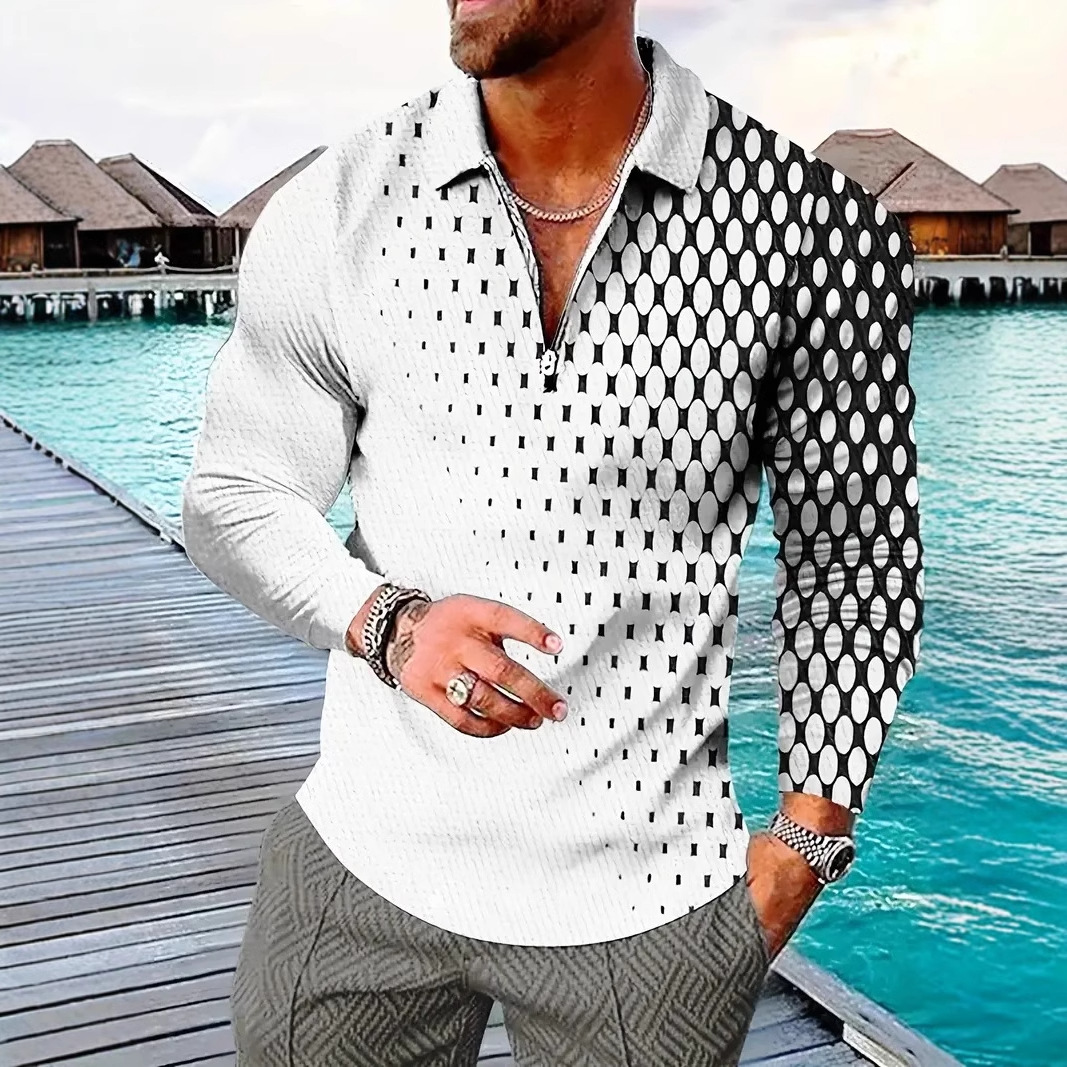 Europa y América AliExpress Cross-border simple punto geométrico impresión 3D hombres calle suelta manga larga cremallera camisa POLO