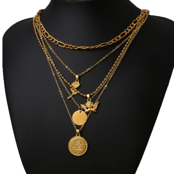 European and American Cross-border Jewelry Rose Angel Multi-layer Pendant Necklace Women's Jewelry Retro High-grade Distinctive Clavicle Chain