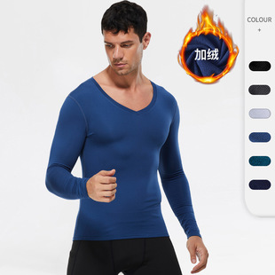 Autumn and Winter Men's Fleece-Lined V-Neck Fitness Long Sleeve PRO Tight Training Suit High Elastic Running Sports Top 01511