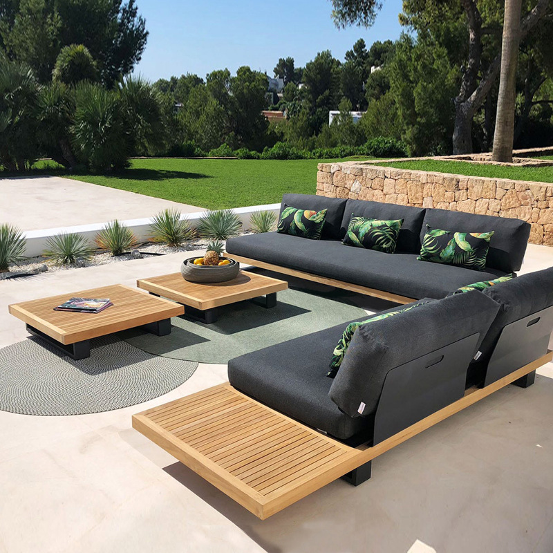 Sofá al aire libre patio jardín de madera maciza combinación de ocio al aire libre balcón impermeable muebles de teca caña