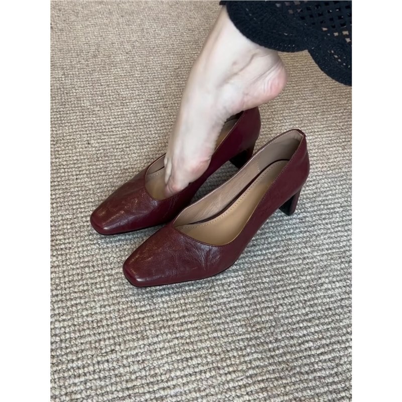 2025 New Style Genuine Leather Pleated Retro Mary Jane Commuter Professional Work Square Toe Thick Heel Shallow High Heel Shoes for Women 2025 New Style Genuine Leather Pleated Retro Mary Jane Commuter Professional Work Square Toe Thick Heel Shallow High Heel Shoes for Women